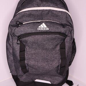Black and grey adidas backpack with white zipper. 4 zippers (2 big 2 small)